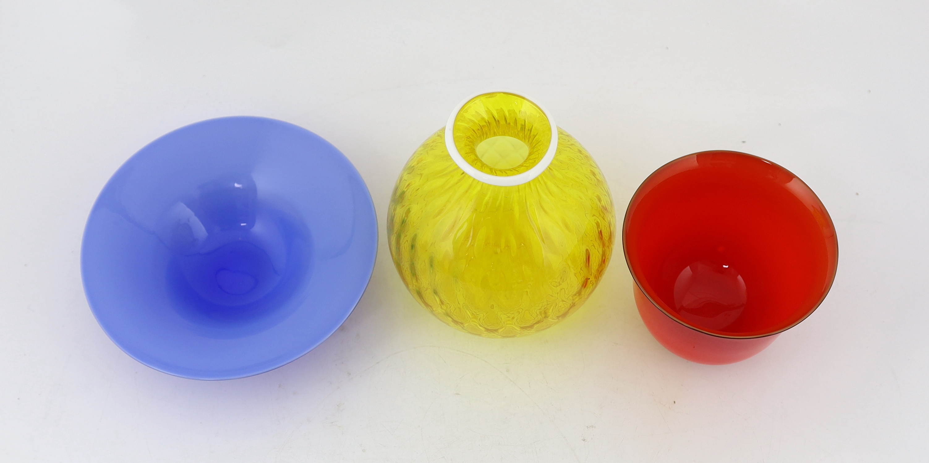 Three Venini multi coloured glass vessels, 1980's